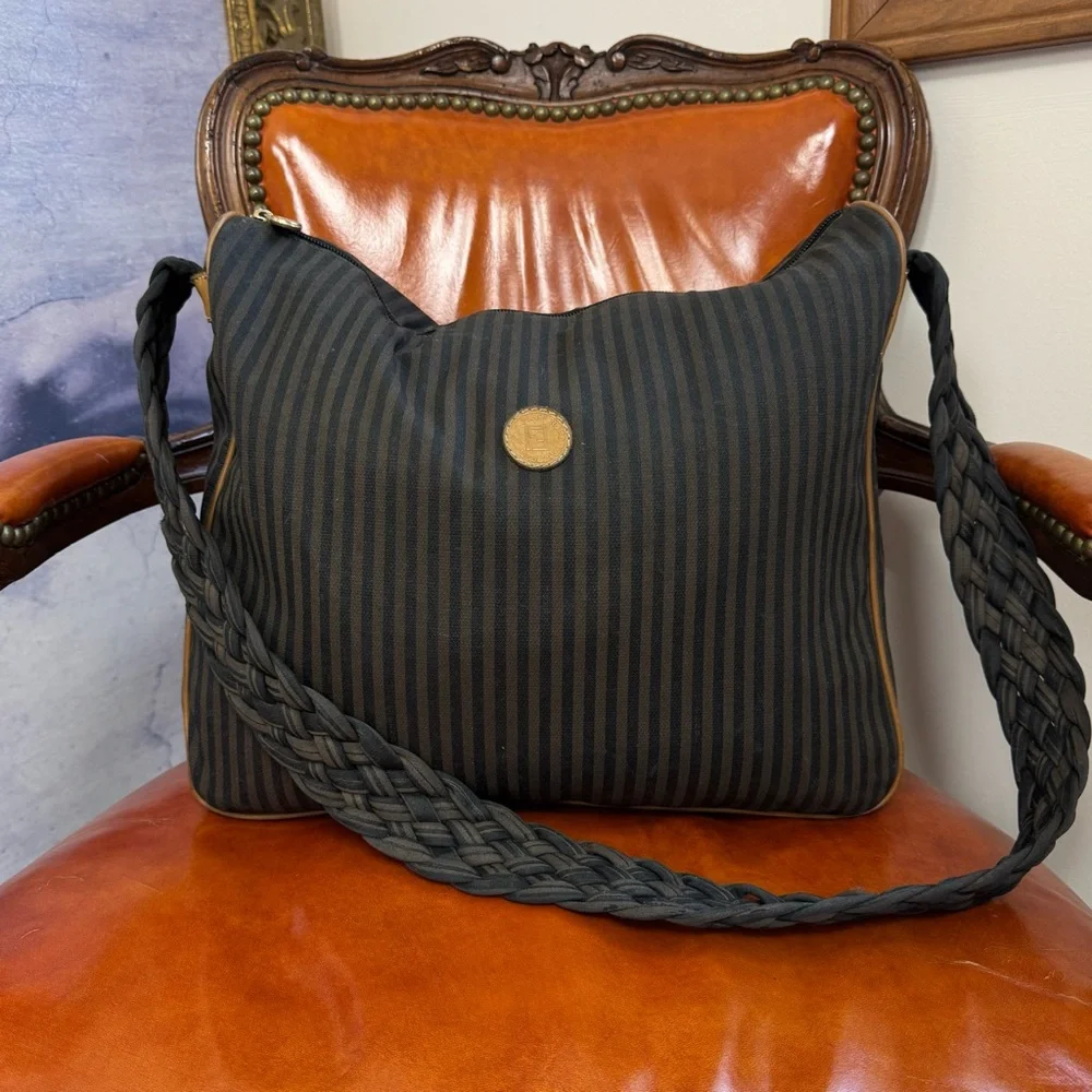 Fendi Zucca Stripe Canvas Shoulder Crossbody Logo Bag Brown Black Vintage